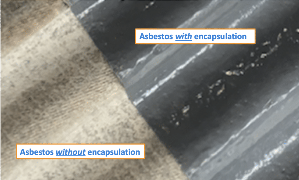 corrugated asbestos roof with and without encapsulation in the form of a resin-based coating. The asbestos without encapsulation is a light brown, with resin coating it is a grey.